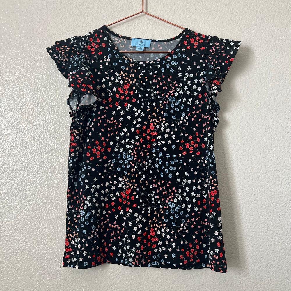 CeCe ruffle sleeve floral print top short sleeve black blue pink
